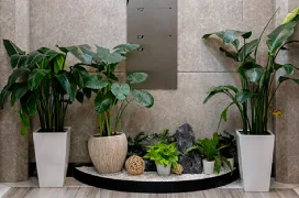 An arrangement of large and small potted plants in an office lobby.