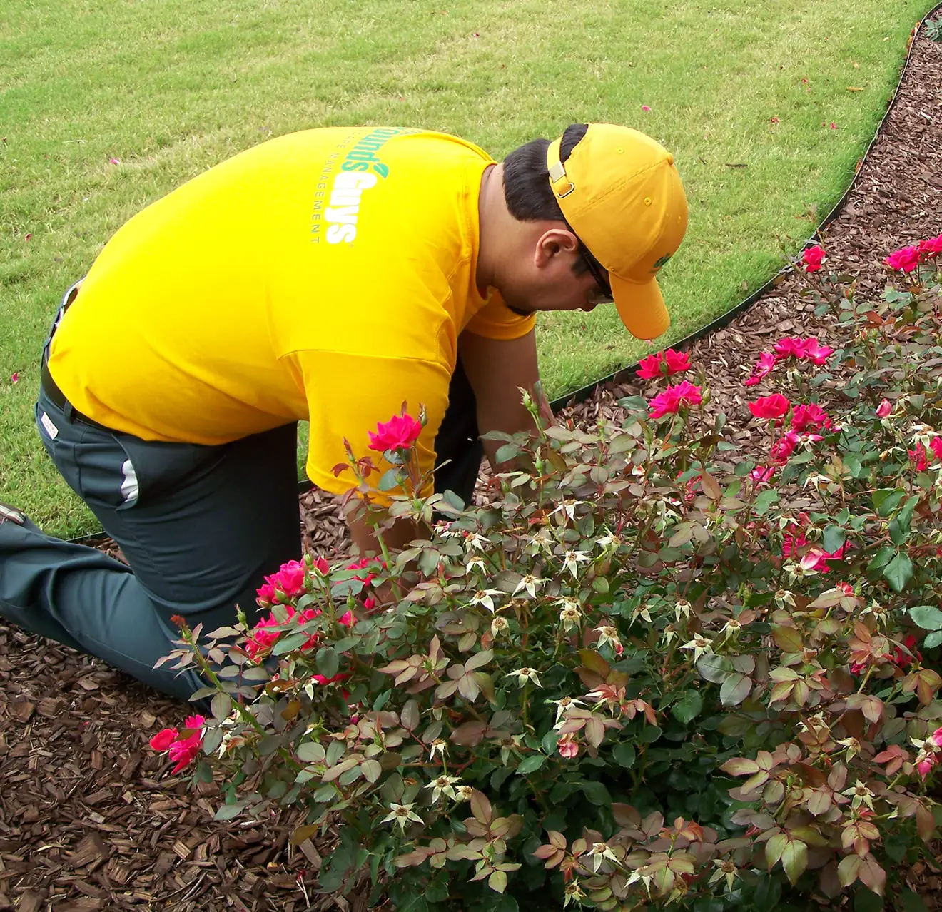 Grounds Guys adding mulch in flower bed.