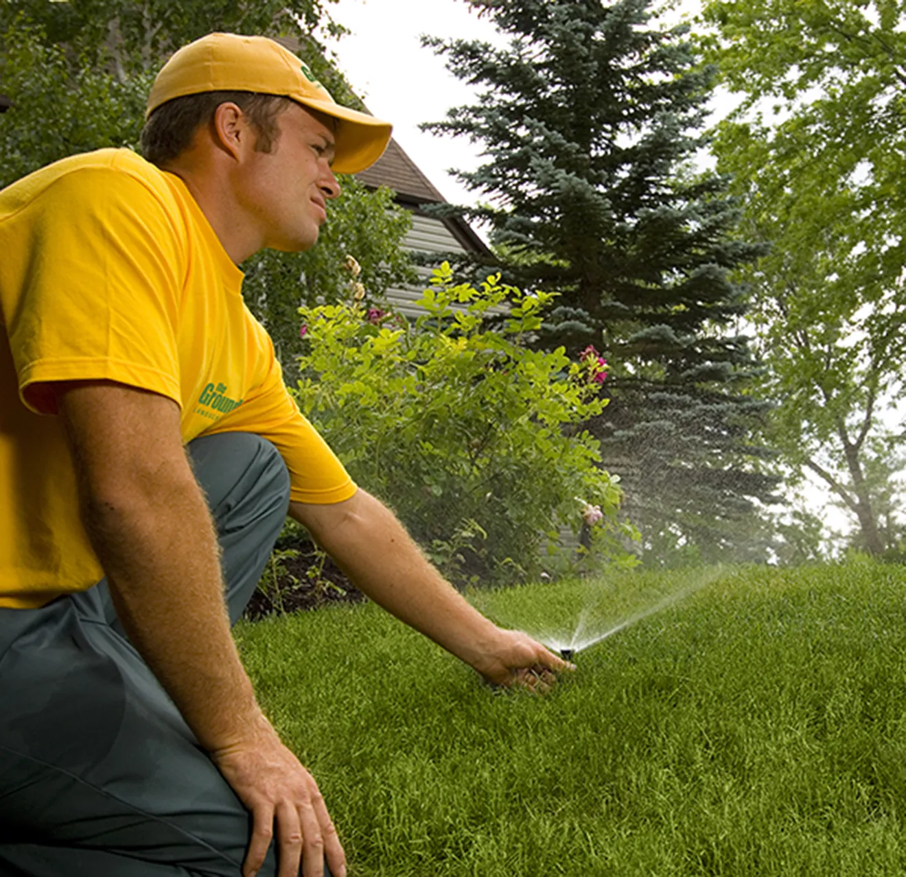 A person crouches on a grassy lawn, adjusting a sprinkler amidst green plants and trees.