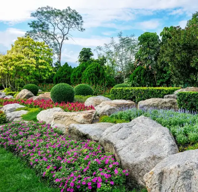 A lush garden with flowers, large rocks, and round topiary shrubs.