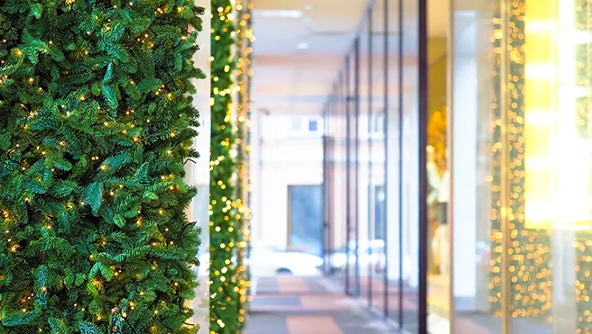 A wall and hallway of an office decorated with white lights and thick Douglas Fir garland.