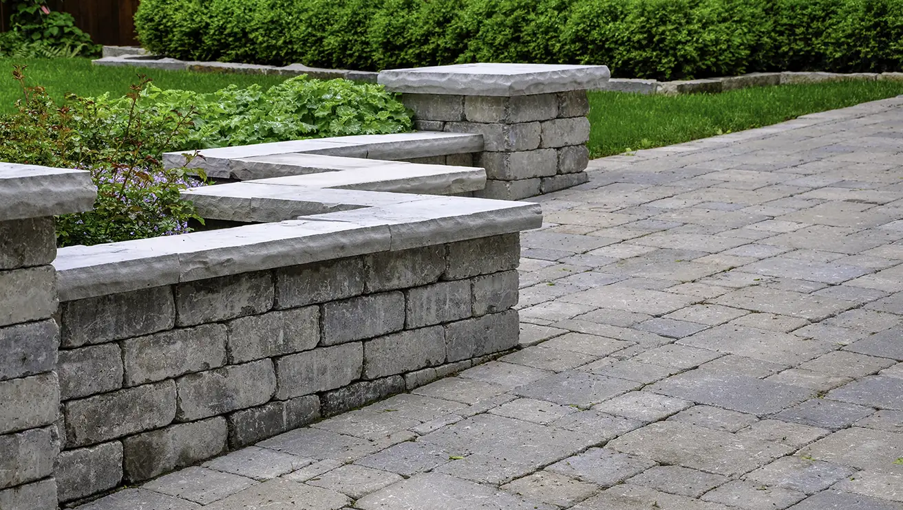 Stone pathway with steps and built-in benches in a garden setting.