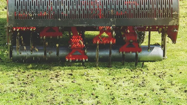 An aerator creating small holes in a grass-covered lawn.