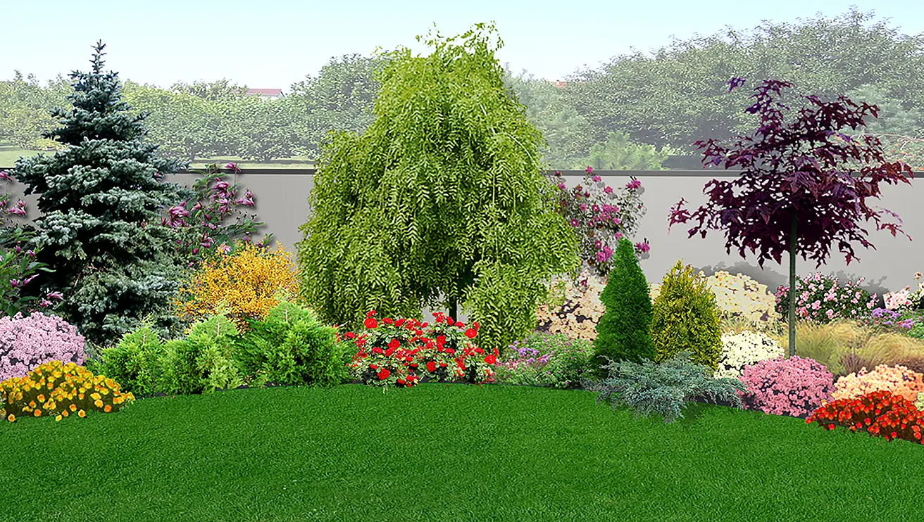 Well-landscaped shrubs, flowering plants, and trees in a mulch bed against a stone wall.