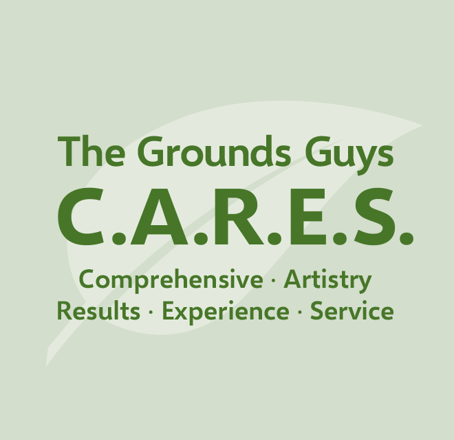 An illustrated leaf with text over it that reads, The Grounds Guys C.A.R.E.S., Comprehensive, Artistry, Results, Experience, Service.