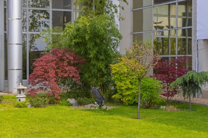 Small green garden oasis at a commercial building.