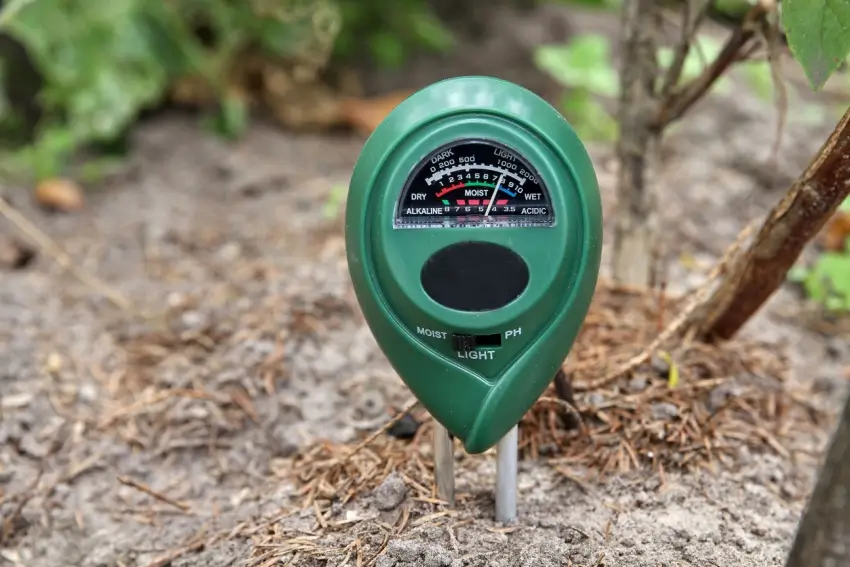 Soil testing device measuring measure pH and soil moisture.