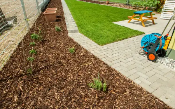 Mulch in a residential backyard garden bed.