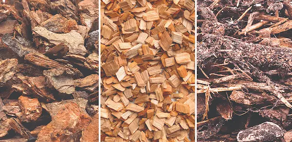 Close-up of different types of mulch.